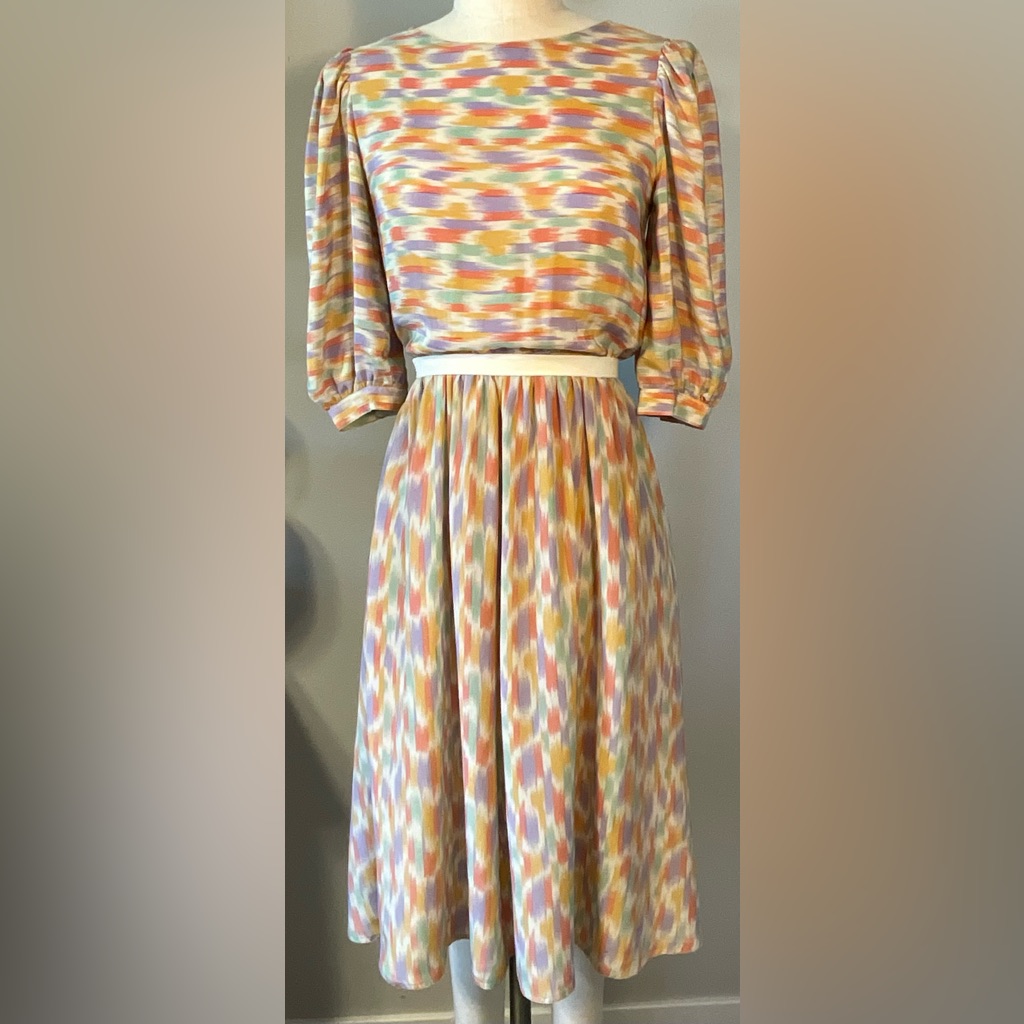Vintage Diane Von Furstenberg Pastel Watercolor Puff Sleeve Midi Dress